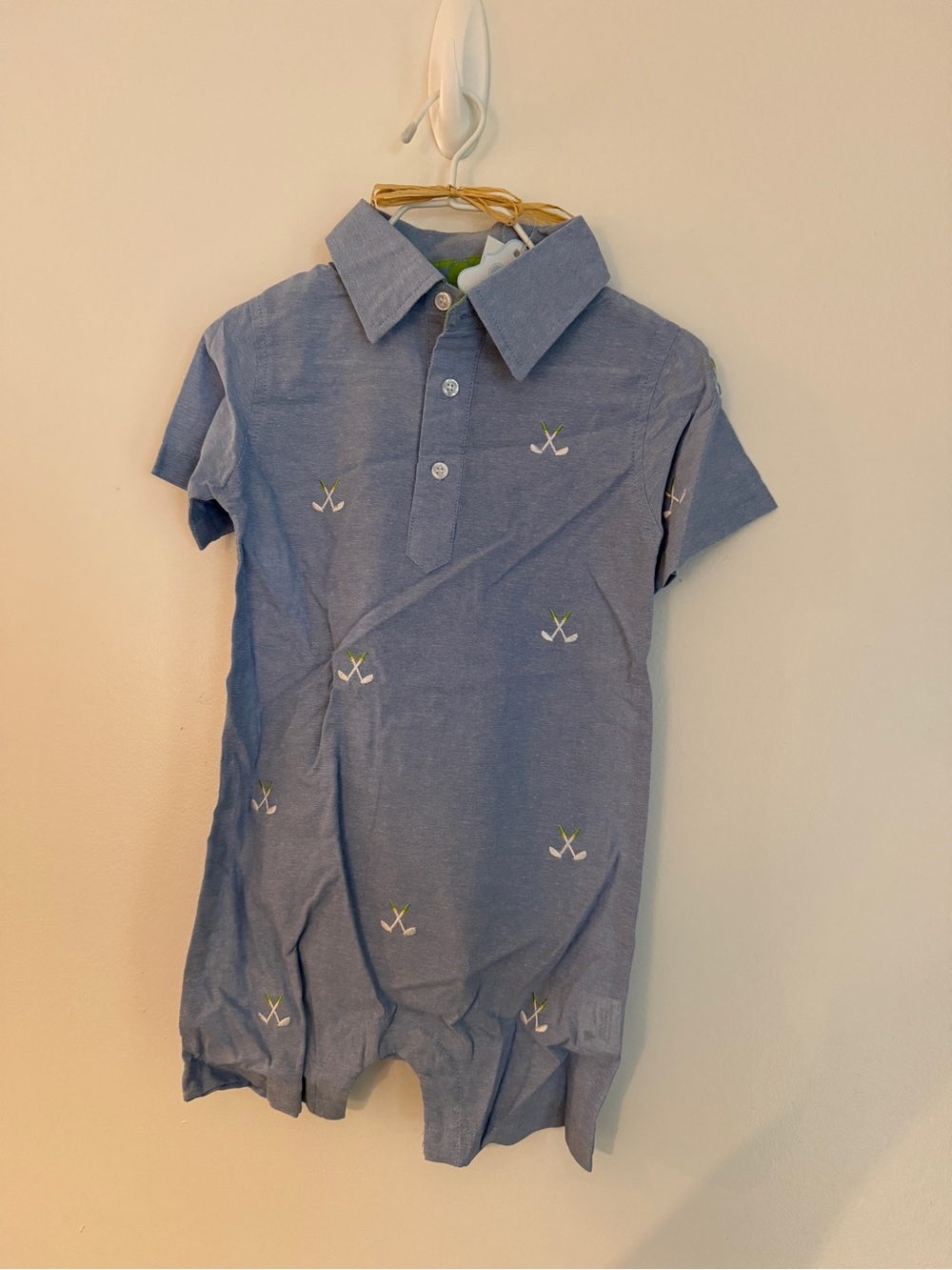 Mud Pie Light Blue Polo Romper with Golf Embroidery